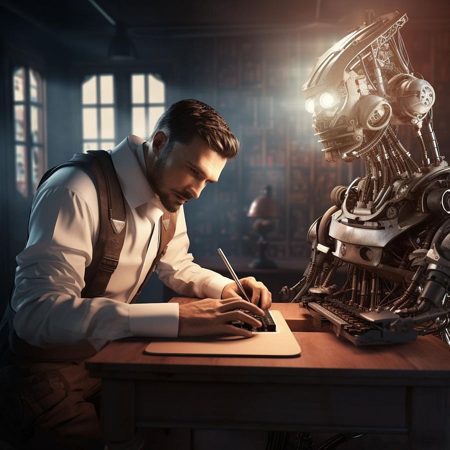 Illustration of a writer working with AI assistance