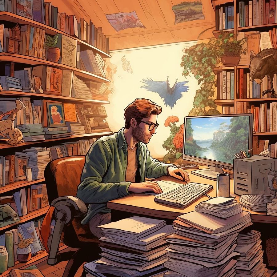 A writer sitting at their desk, using GPT-3 on their computer to generate creative content, surrounded by various books and notes, symbolizing the combination of human creativity and AI-powered assistance.