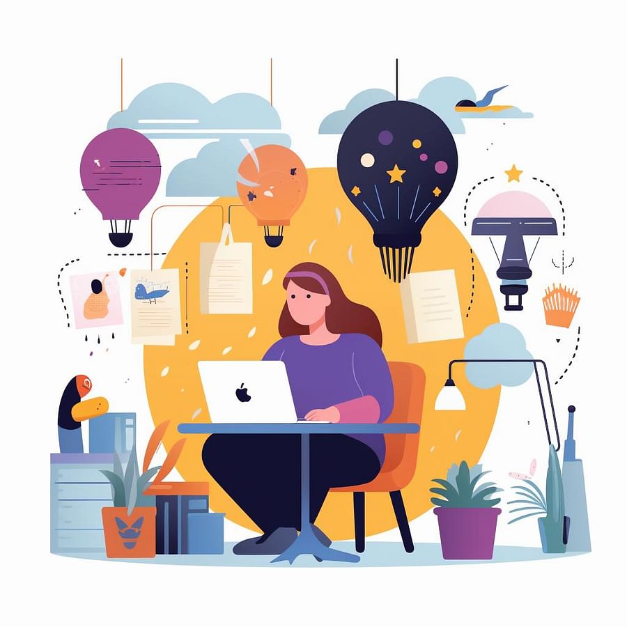 A writer surrounded by various Kiwi Prompt examples and ideas, with a bright light bulb above their head symbolizing the spark of creativity and inspiration. Characters and storylines emerge from the screen, showcasing the diverse range of prompts and possibilities.