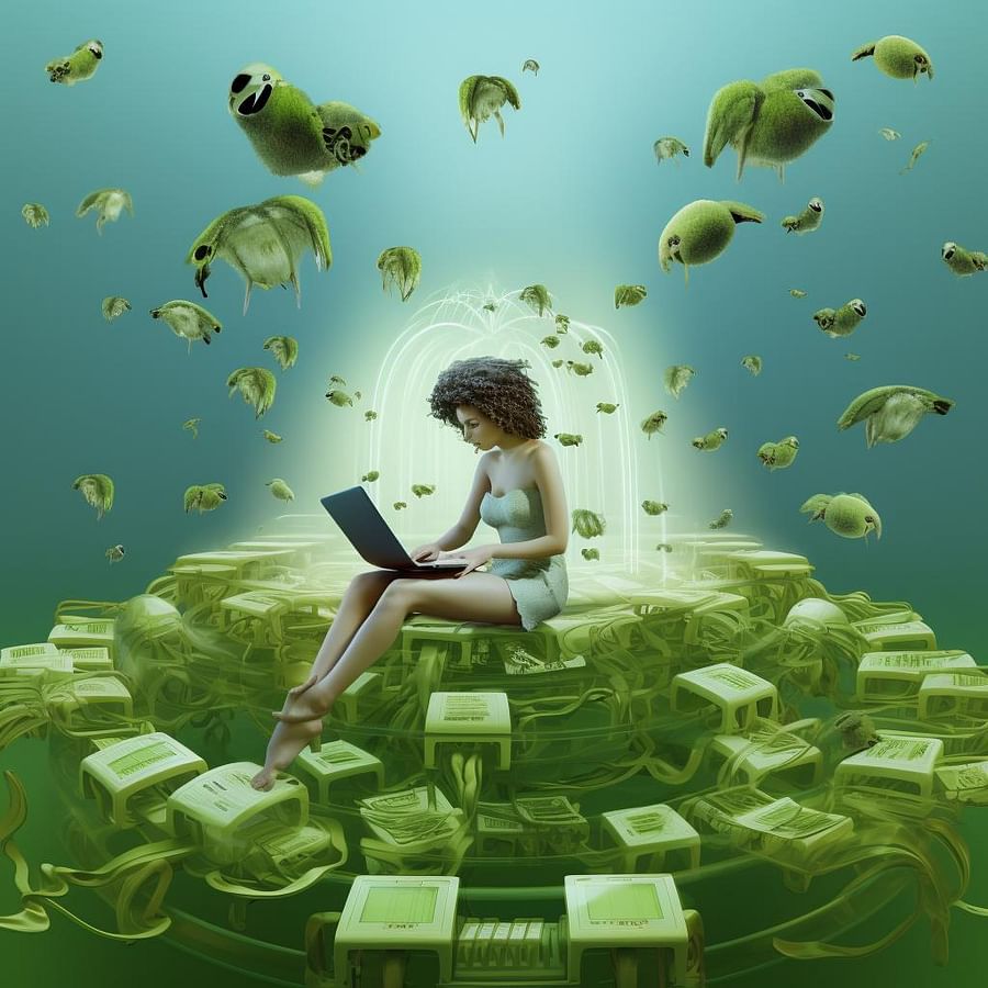 A writer using Kiwi Prompt, surrounded by floating, AI-generated prompts